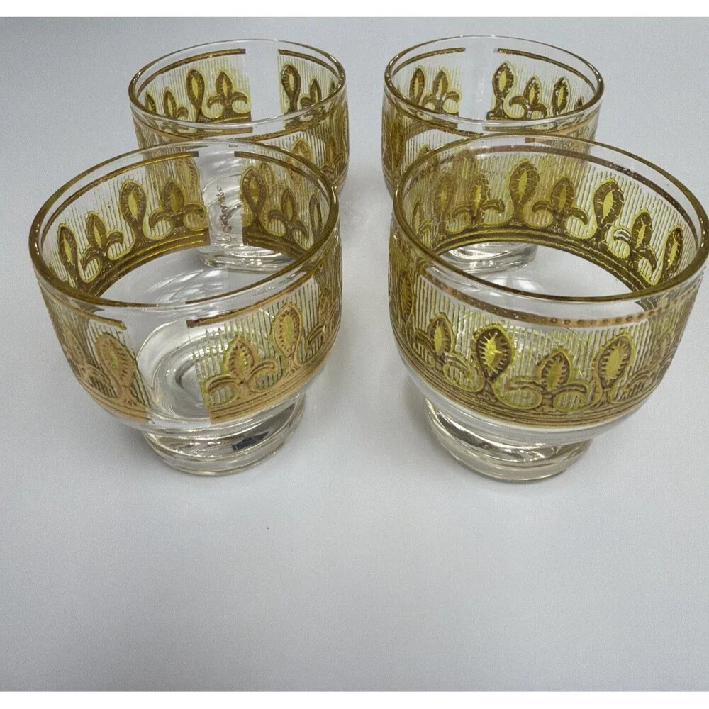 MCM Culver Fleur De Lis Lowball Glasses Set of 4 22KG Gold Citrine Yellow 1960s